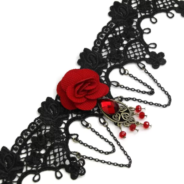 Charmian Womens Steampunk Accessories Costume Cosplay Lace Choker Beads Chain Decorative NecklaceBlack Lace  Red Flower