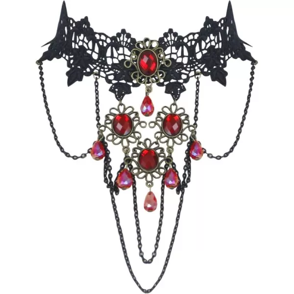 Charmian Womens Steampunk Accessories Costume Cosplay Lace Choker Beads Chain Decorative NecklaceBlack Lace  Red Bead