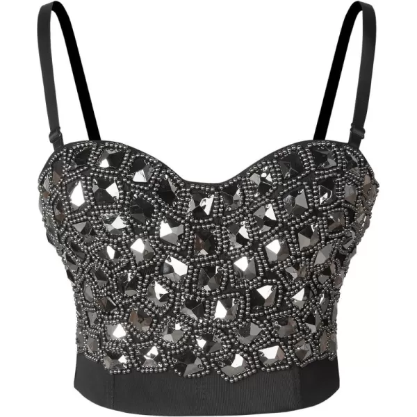 Charmian Womens Punk Rhinestone Beaded Shimmer Diamond Party Bustier Crop TopSilver