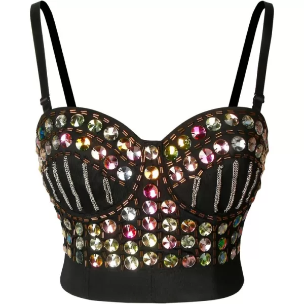 Charmian Womens Rhinestone Bead Glitter Bustier Corset Bra Club Party Crop TopMulticolorBlack