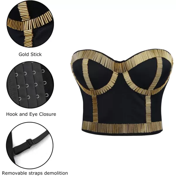 imageCharmian Womens Punk Metallic Stick Clubwear Party Bustier Bra Crop TopBlackGold