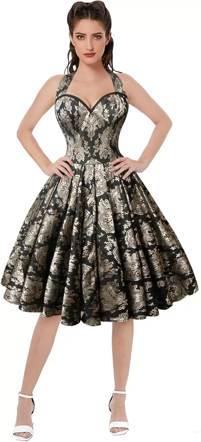imageCharmian Womens 1950s Vintage Retro Sleeveless Swing Floral Halter Corset DressBlackMetallic
