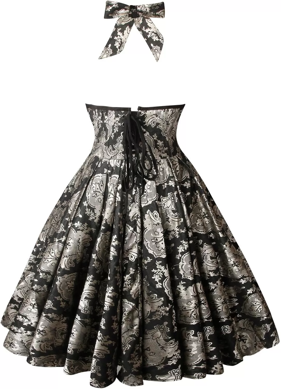 imageCharmian Womens 1950s Vintage Retro Sleeveless Swing Floral Halter Corset DressBlackMetallic