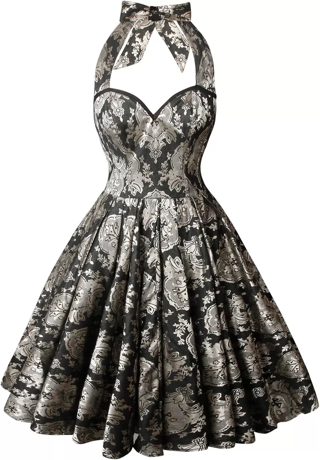 imageCharmian Womens 1950s Vintage Retro Sleeveless Swing Floral Halter Corset DressBlackMetallic