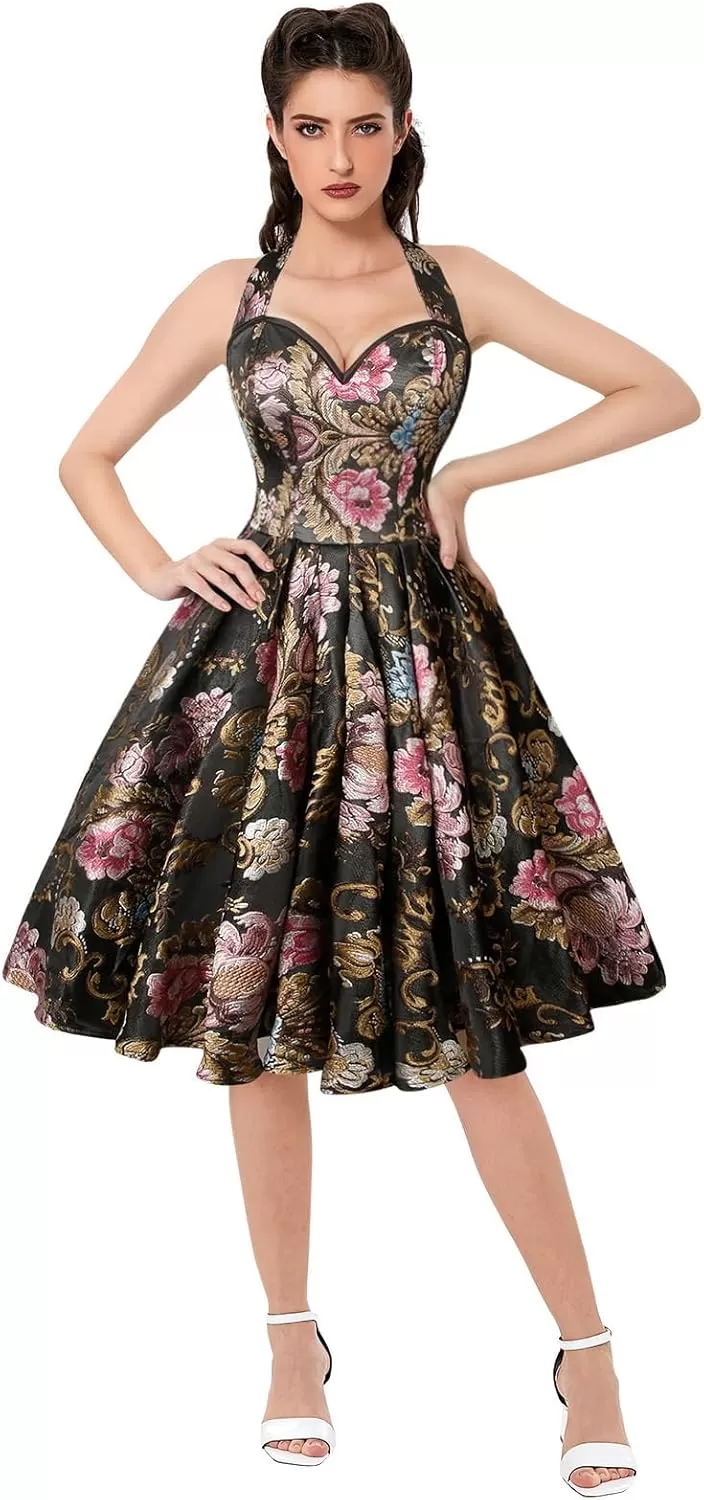 imageCharmian Womens 1950s Vintage Retro Sleeveless Swing Floral Halter Corset DressBlackPeony