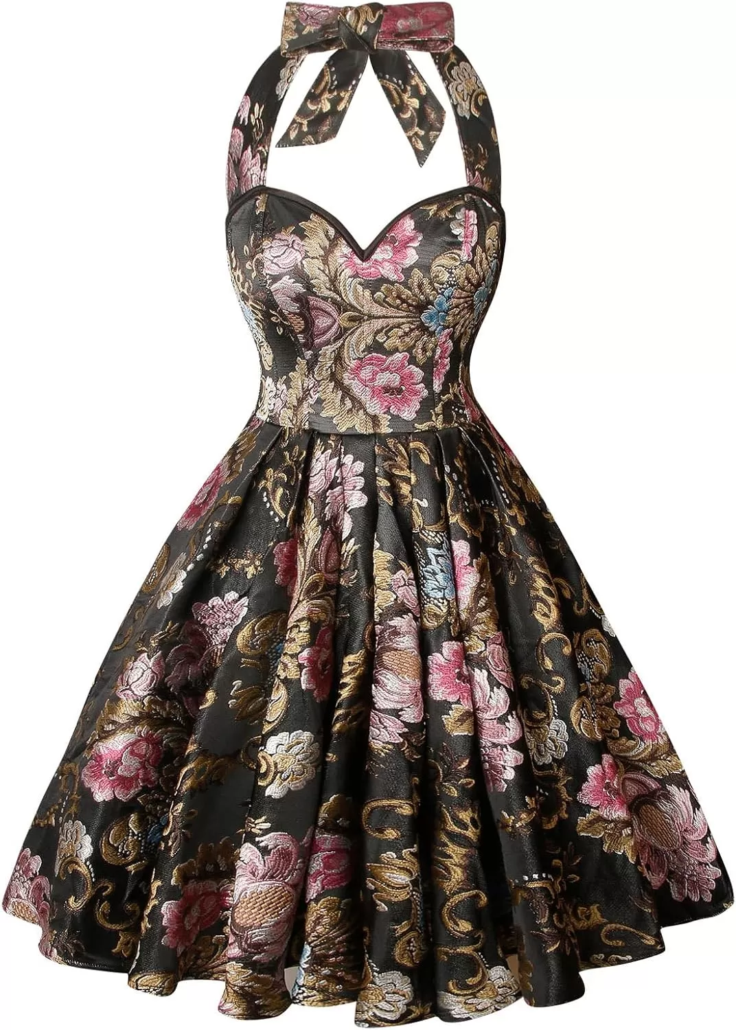imageCharmian Womens 1950s Vintage Retro Sleeveless Swing Floral Halter Corset DressBlackPeony