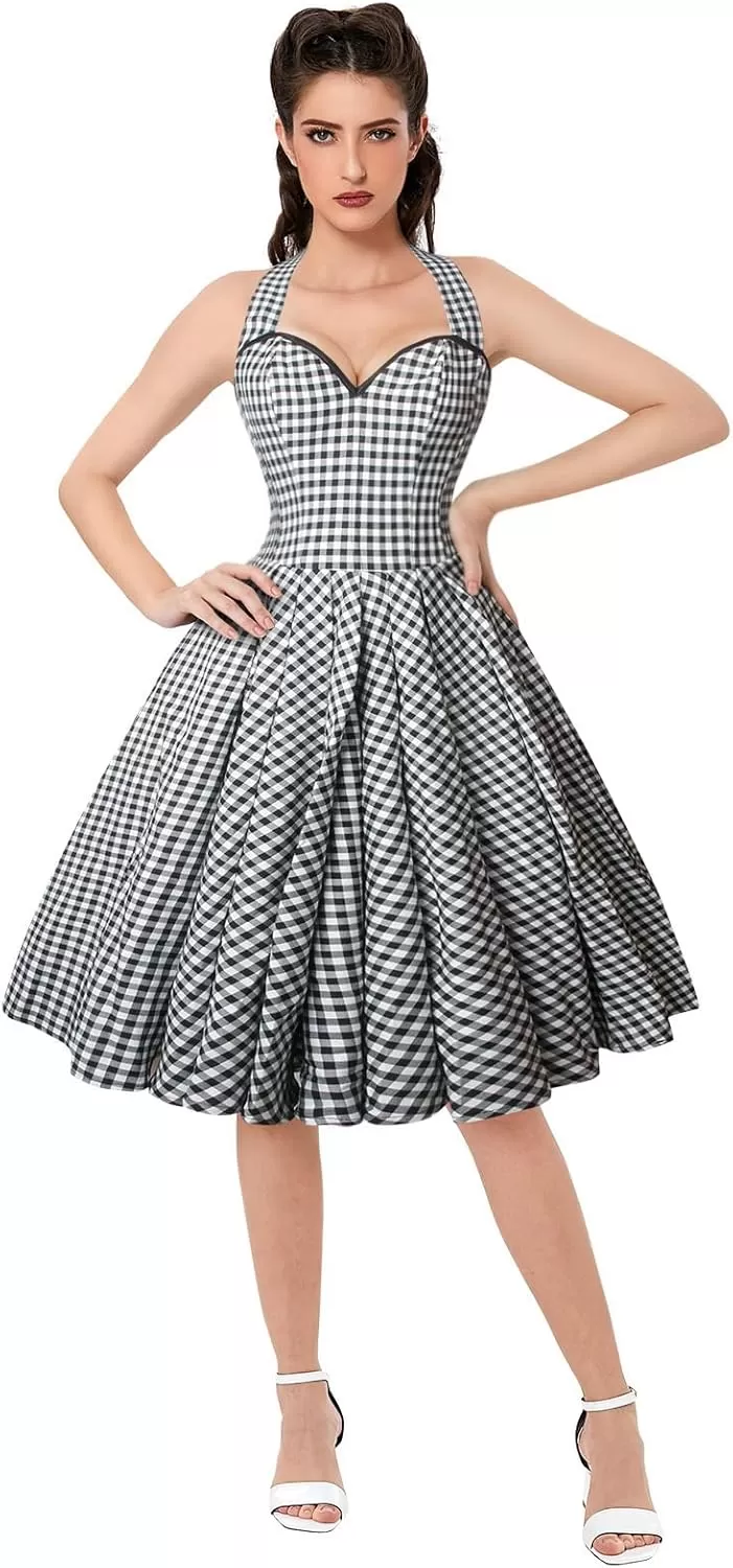 imageCharmian Womens 1950s Vintage Retro Sleeveless Swing Floral Halter Corset DressBlackPlaid