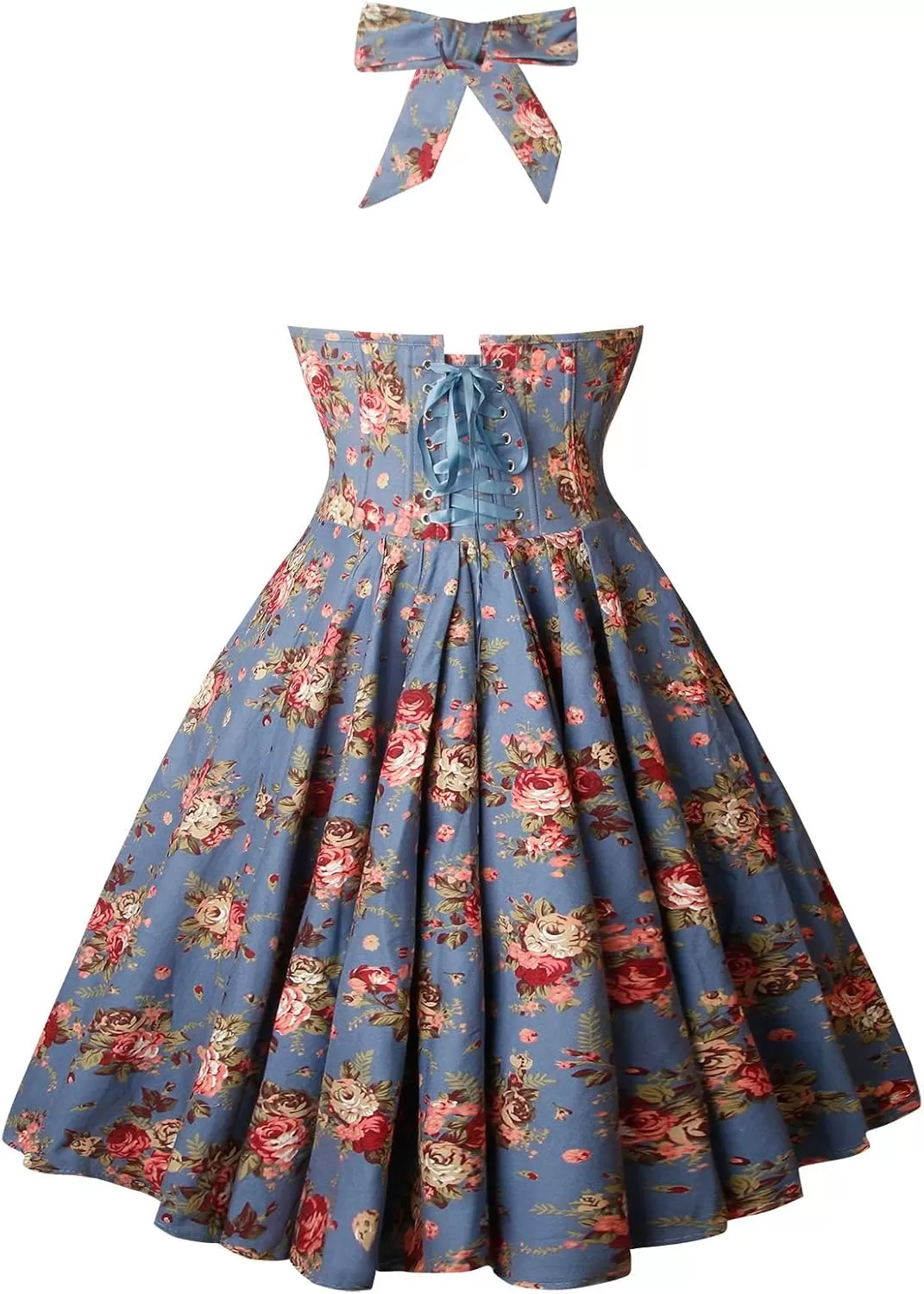imageCharmian Womens 1950s Vintage Retro Sleeveless Swing Floral Halter Corset DressBlue