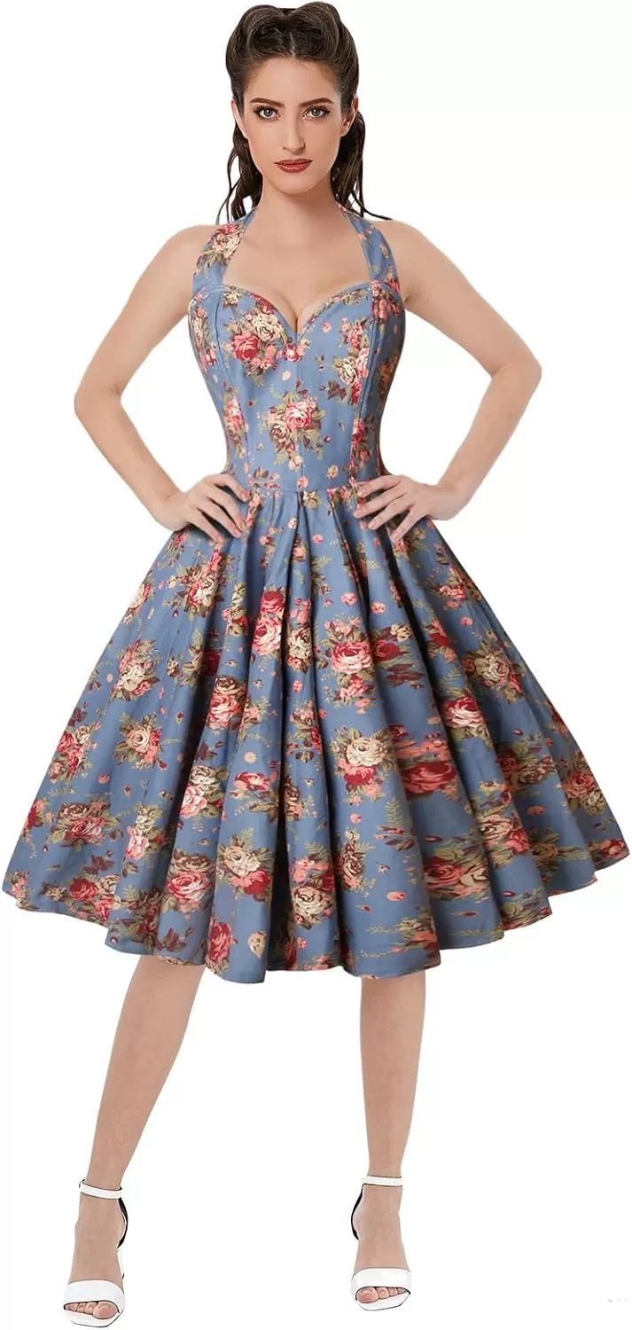 imageCharmian Womens 1950s Vintage Retro Sleeveless Swing Floral Halter Corset DressBlue