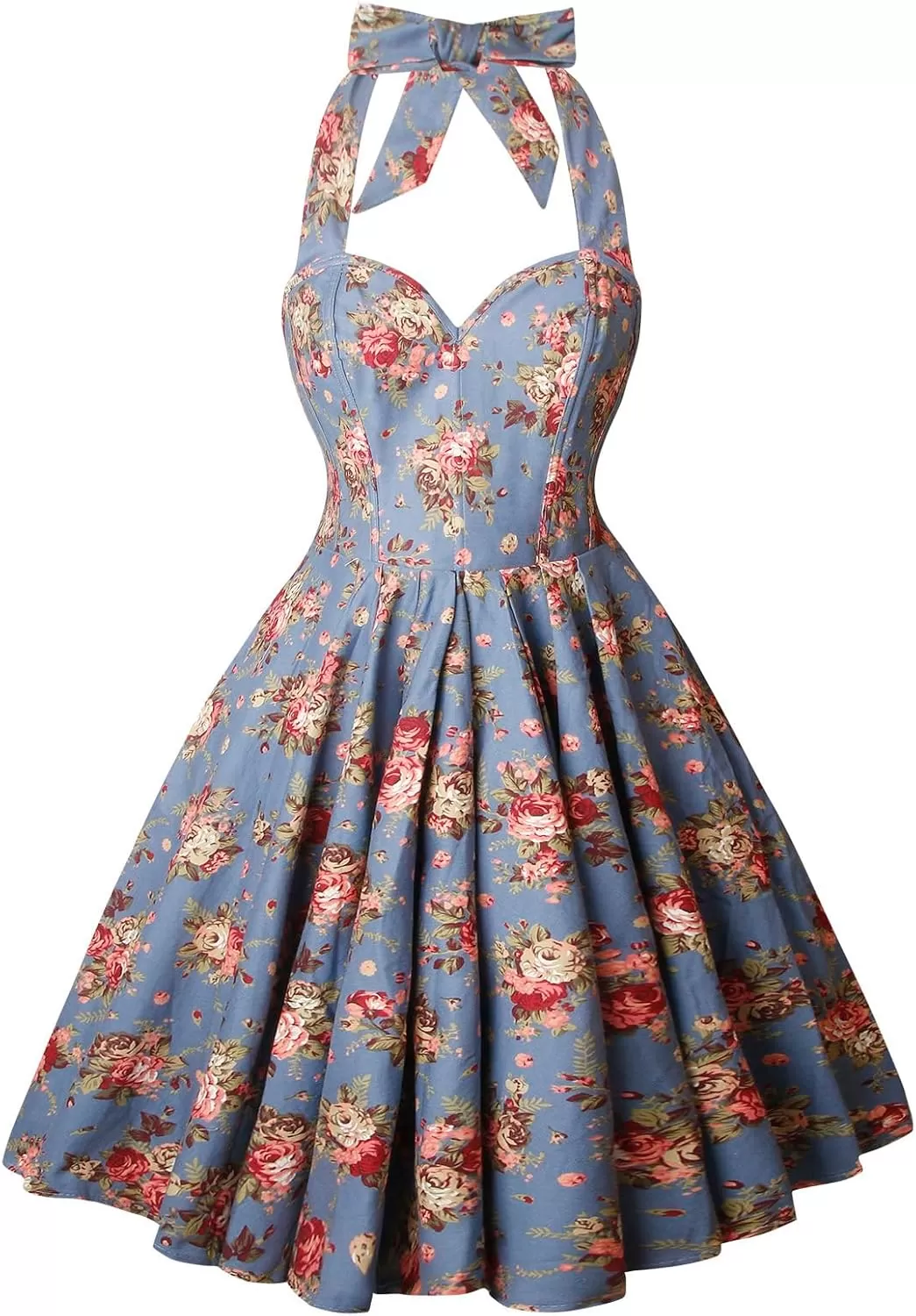 imageCharmian Womens 1950s Vintage Retro Sleeveless Swing Floral Halter Corset DressBlue