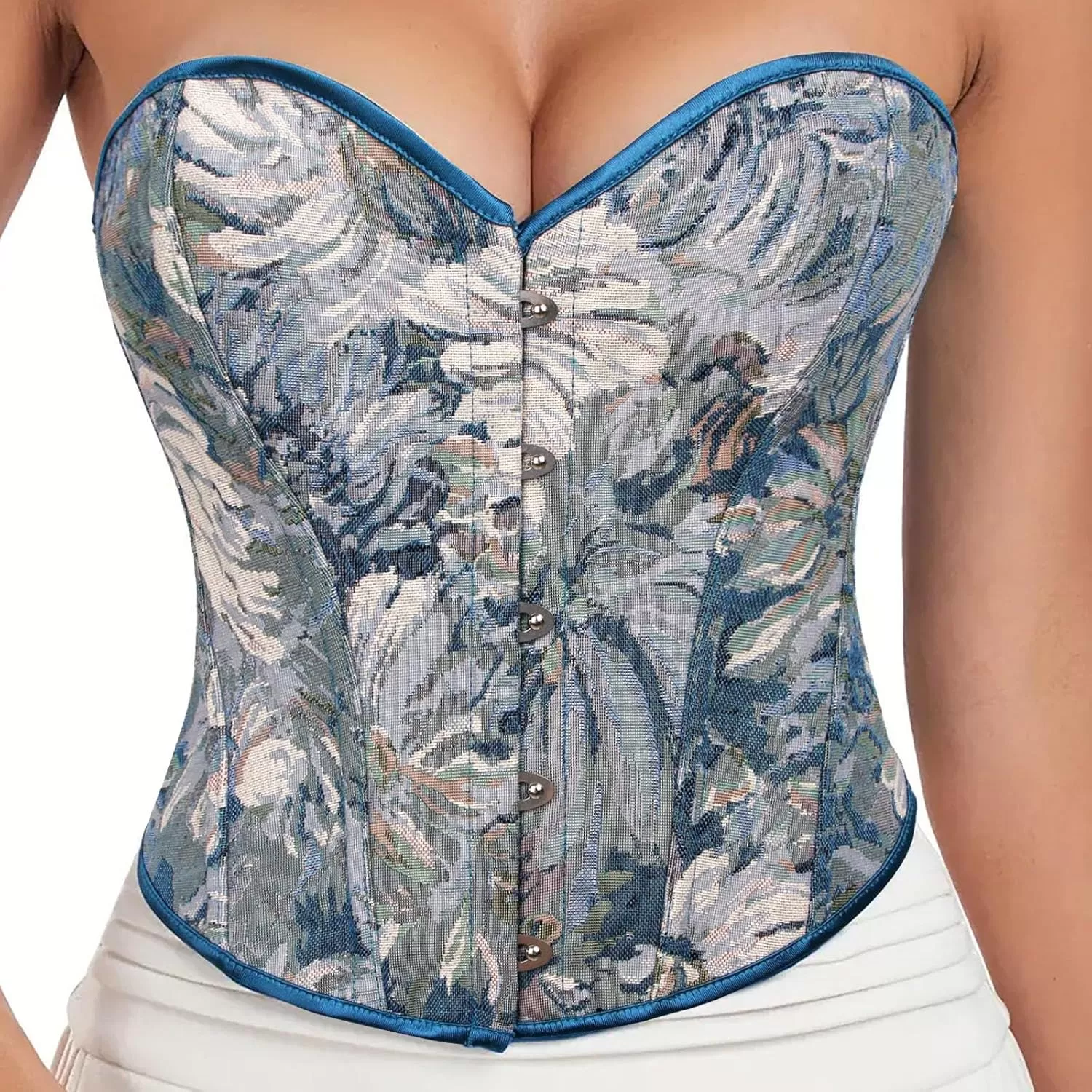imageCharmian Womens Floral Lace Up Boned Overbust Corset Bustier Bodyshaper TopBlue