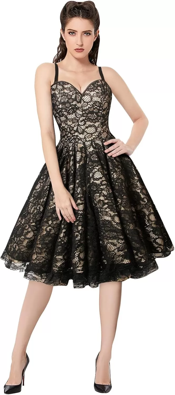 imageCharmian Womens Gothic Spaghetti Straps Sleeveless Pleated Lace Up Corset DressBlack