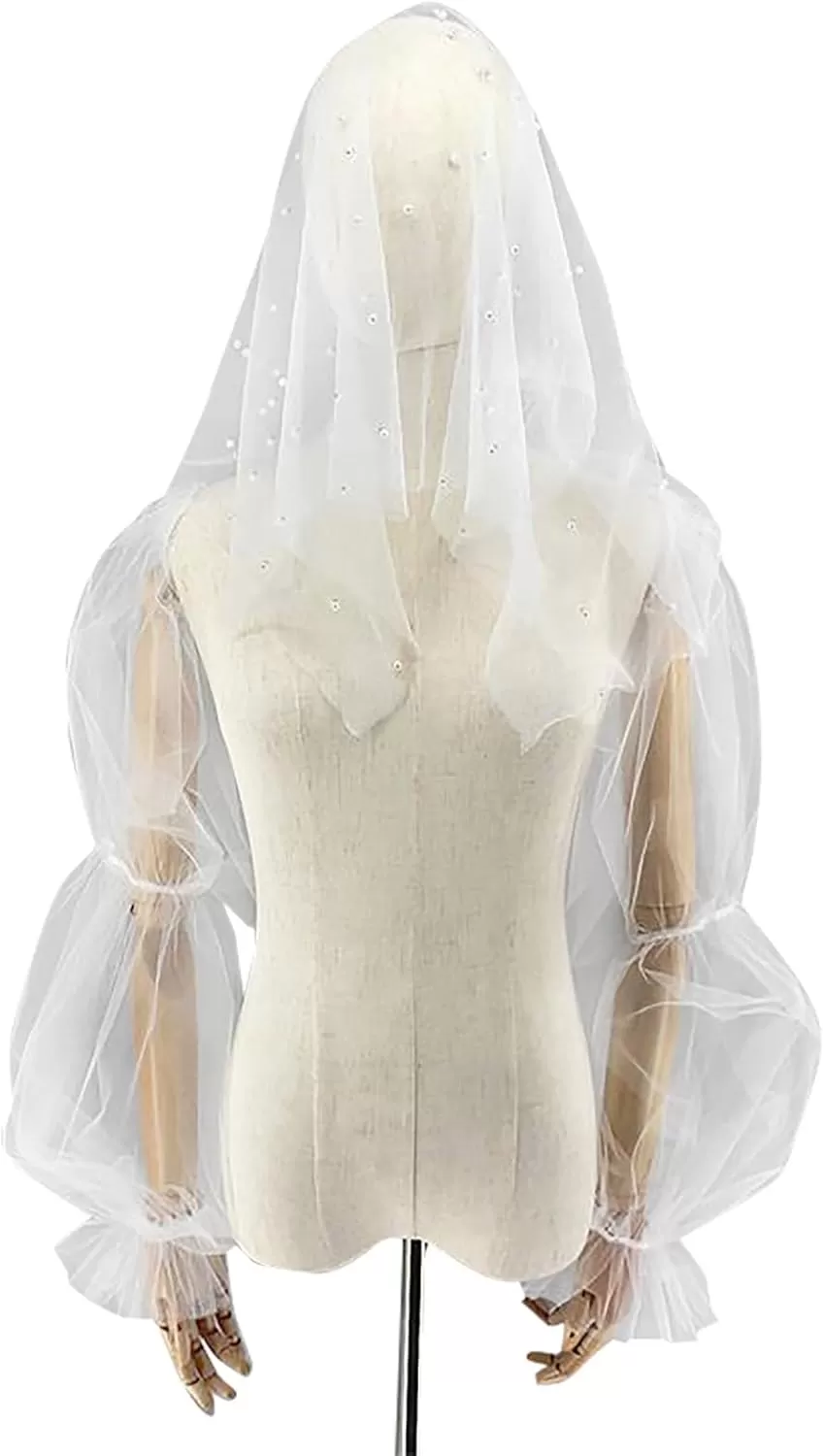 imageCharmian Womens Pearl Beaded Bridal Chapel Veil with Fingerless Sheer GlovesWhite