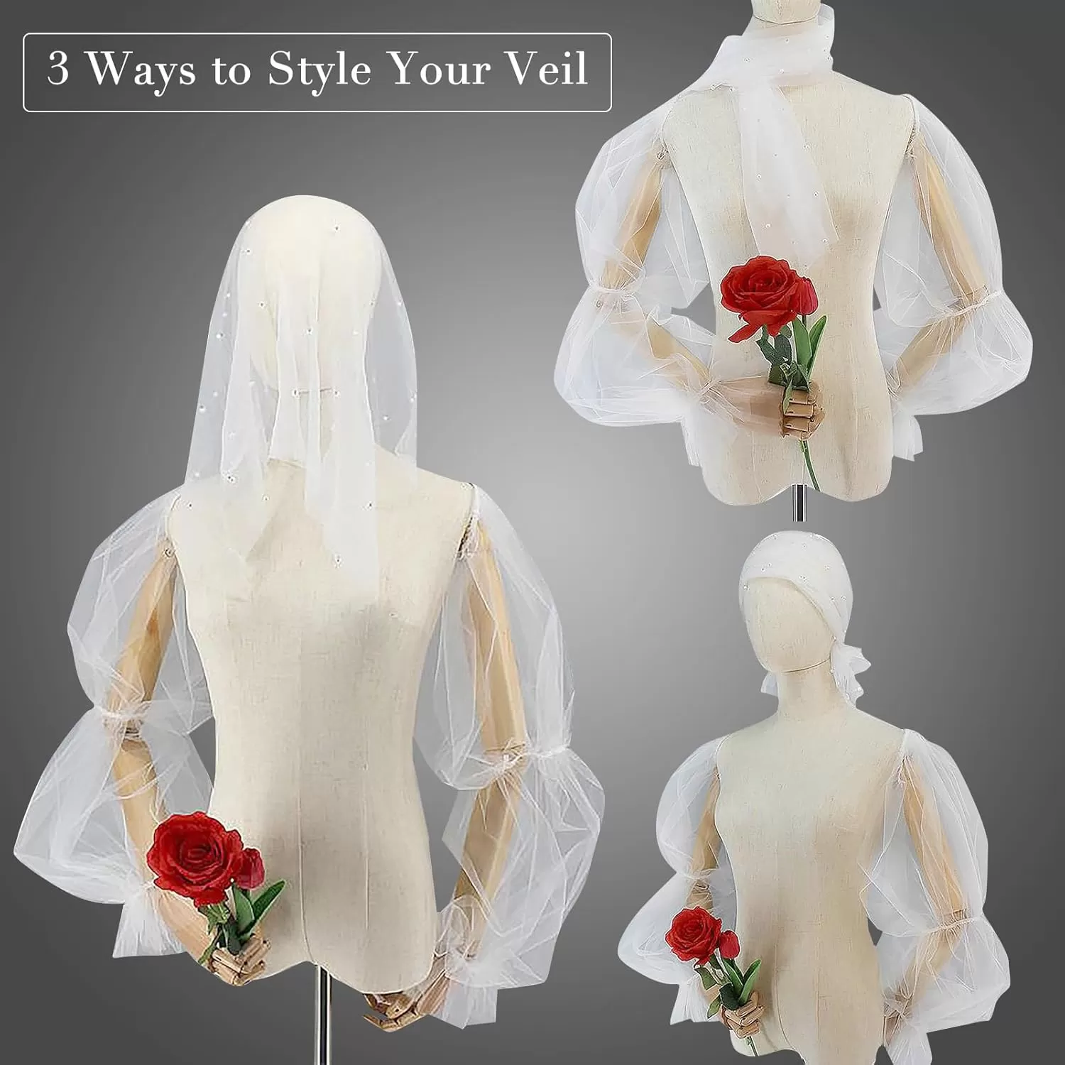 imageCharmian Womens Pearl Beaded Bridal Chapel Veil with Fingerless Sheer GlovesWhite