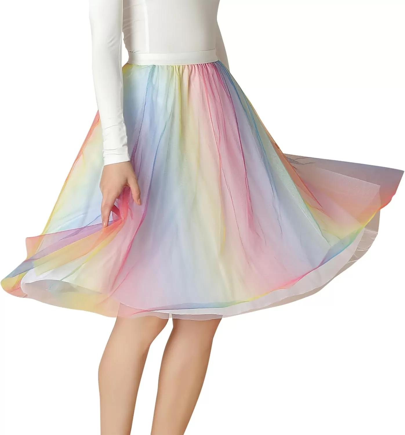 imageCharmian Womens Pleated Knee Length Elastic High Waist ALine Midi Tulle SkirtRainbow