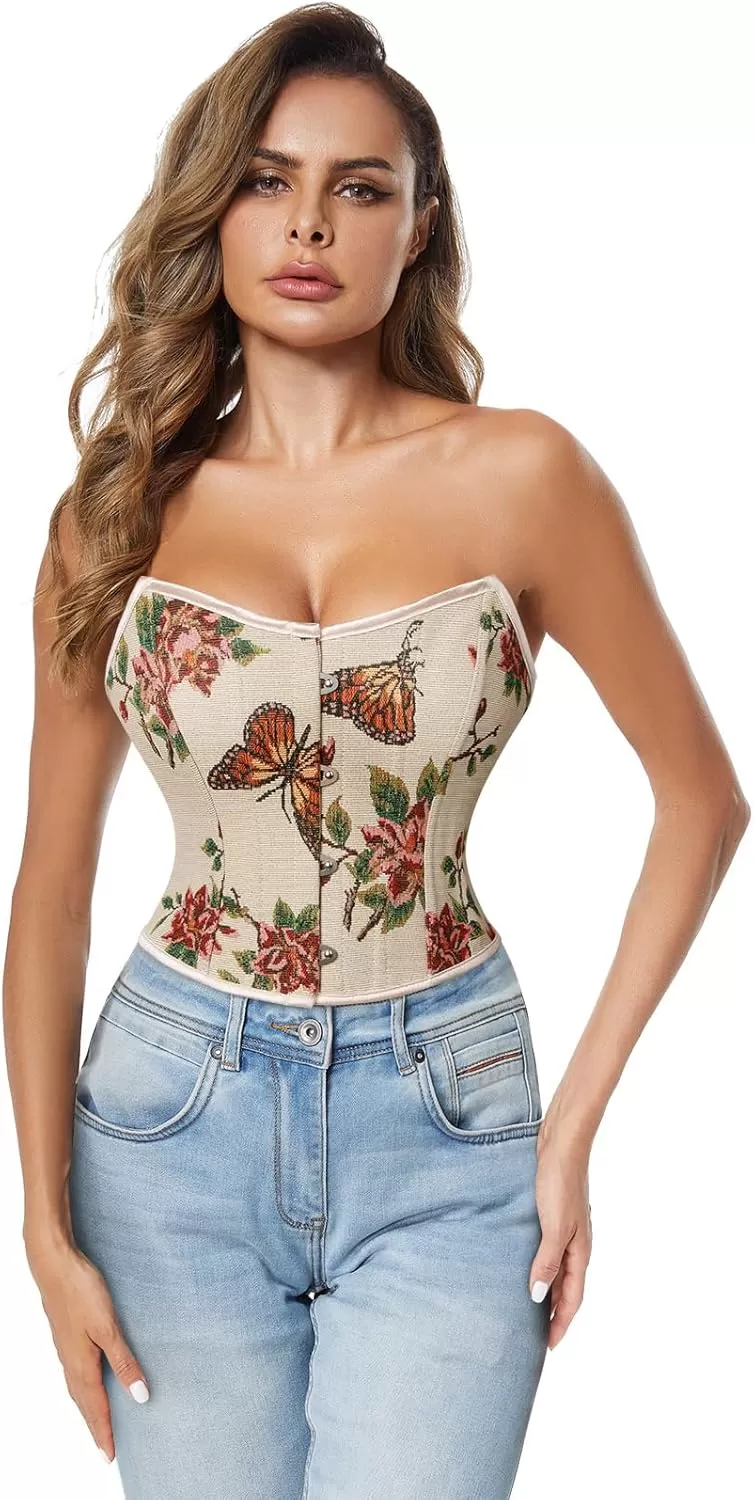 imageCharmian Womens Renaissance Retro Floral Strapless Bustier Corset Crop TopBeige