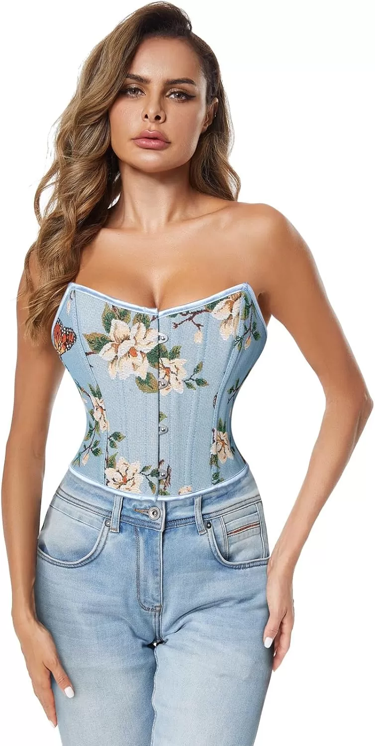 imageCharmian Womens Renaissance Retro Floral Strapless Bustier Corset Crop TopBlue