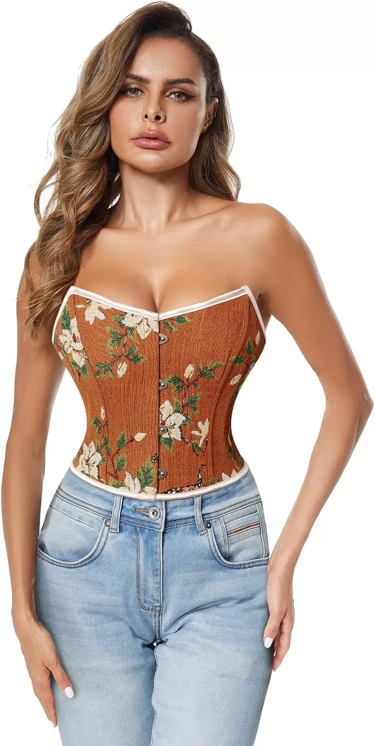 imageCharmian Womens Renaissance Retro Floral Strapless Bustier Corset Crop TopBrown