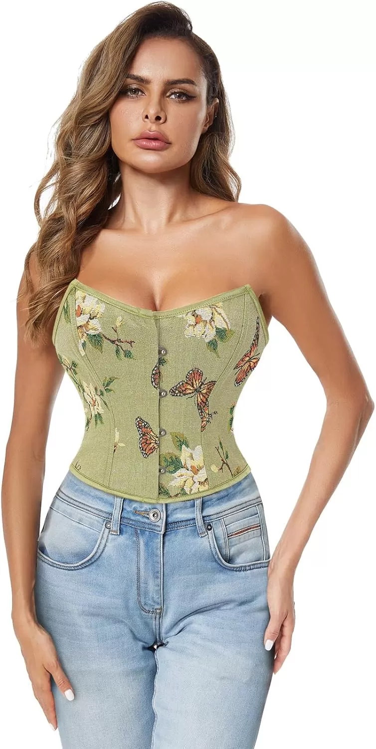 imageCharmian Womens Renaissance Retro Floral Strapless Bustier Corset Crop TopGreen