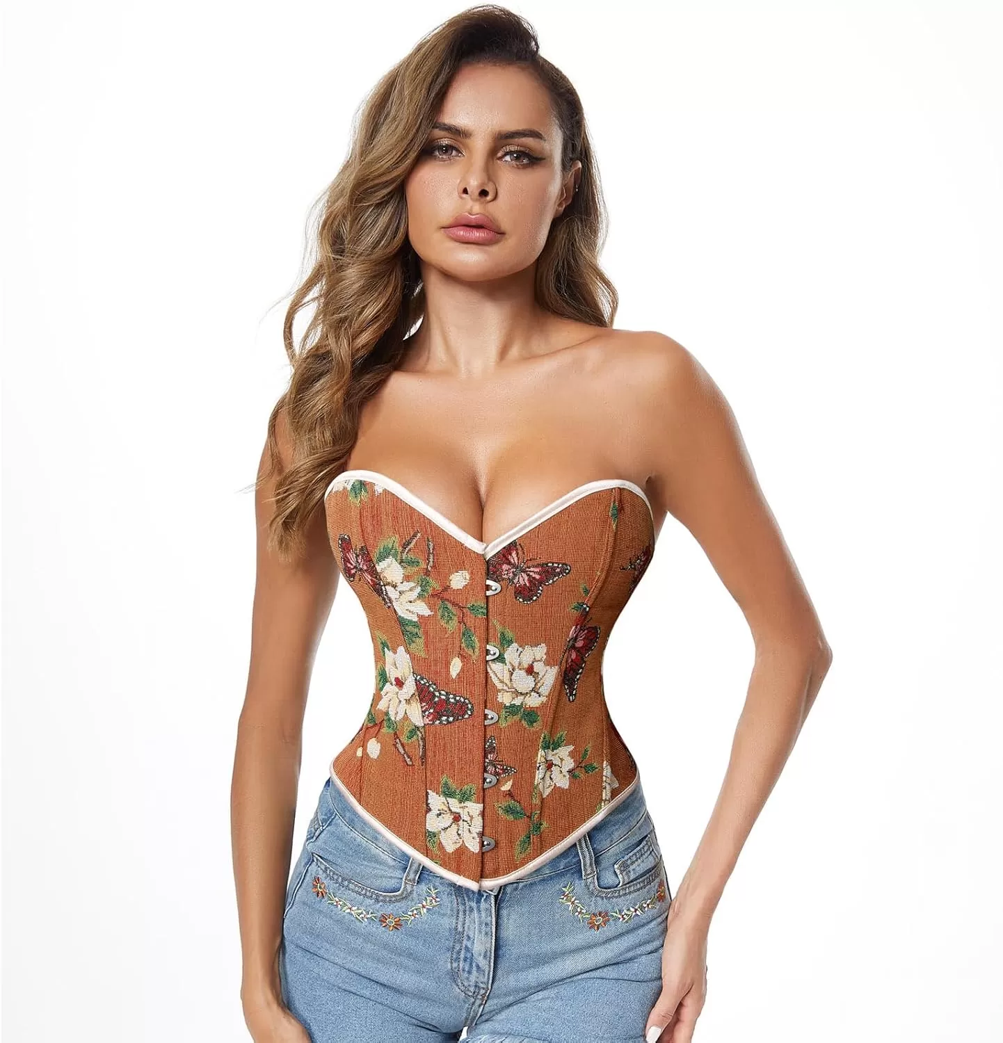 imageCharmian Womens Renaissance Vintage Butterfly Floral Print Overbust Corset TopBrown
