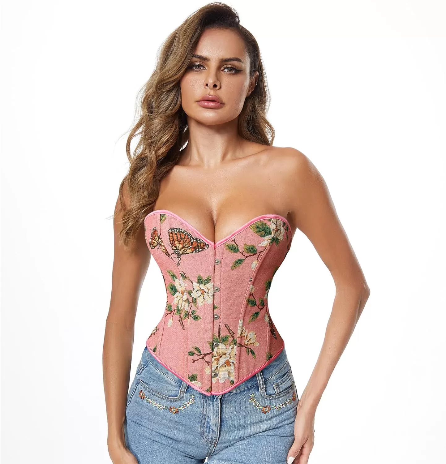 imageCharmian Womens Renaissance Vintage Butterfly Floral Print Overbust Corset TopPink