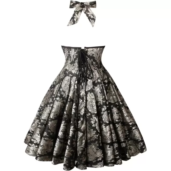 imageCharmian Womens 1950s Vintage Retro Sleeveless Swing Floral Halter Corset DressBlackMetallic