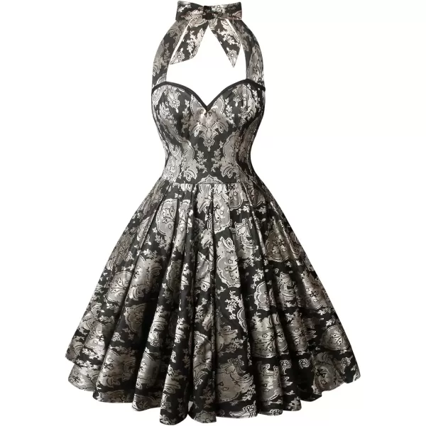 imageCharmian Womens 1950s Vintage Retro Sleeveless Swing Floral Halter Corset DressBlackMetallic