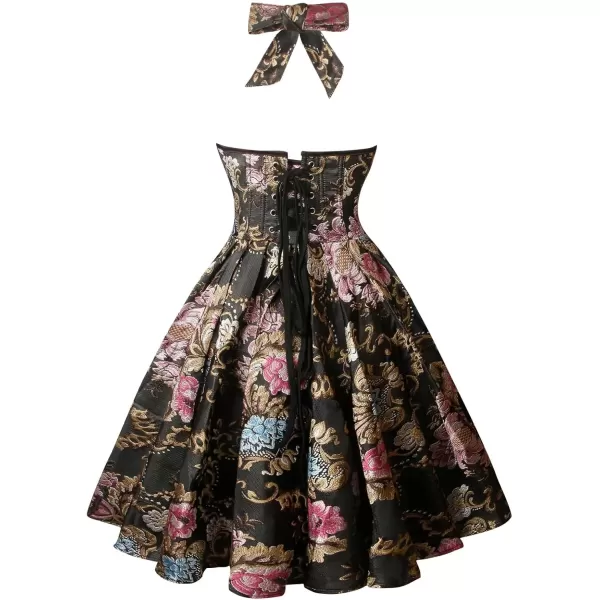 imageCharmian Womens 1950s Vintage Retro Sleeveless Swing Floral Halter Corset DressBlackPeony
