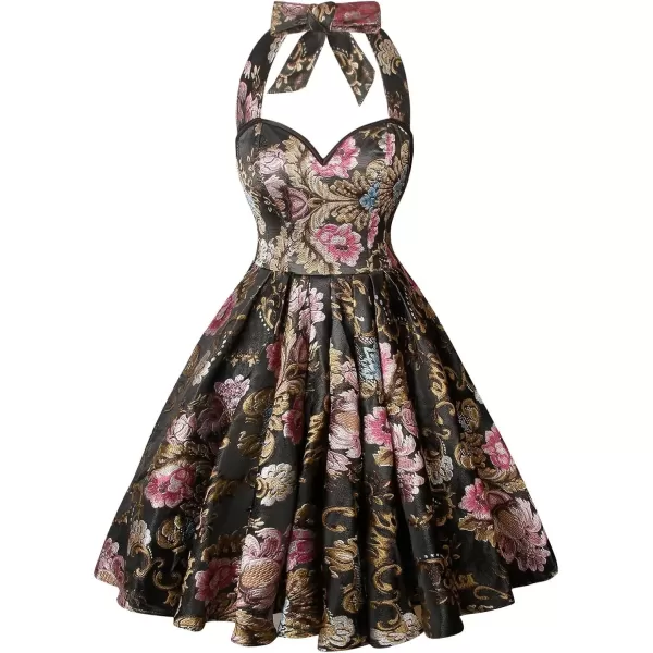 imageCharmian Womens 1950s Vintage Retro Sleeveless Swing Floral Halter Corset DressBlackPeony