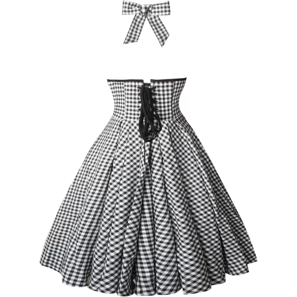 imageCharmian Womens 1950s Vintage Retro Sleeveless Swing Floral Halter Corset DressBlackPlaid