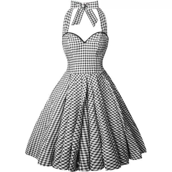 imageCharmian Womens 1950s Vintage Retro Sleeveless Swing Floral Halter Corset DressBlackPlaid