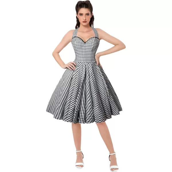 imageCharmian Womens 1950s Vintage Retro Sleeveless Swing Floral Halter Corset DressBlackPlaid