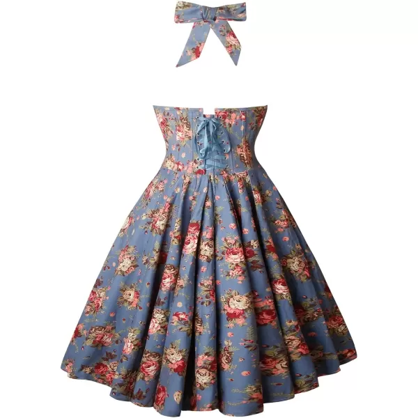imageCharmian Womens 1950s Vintage Retro Sleeveless Swing Floral Halter Corset DressBlue