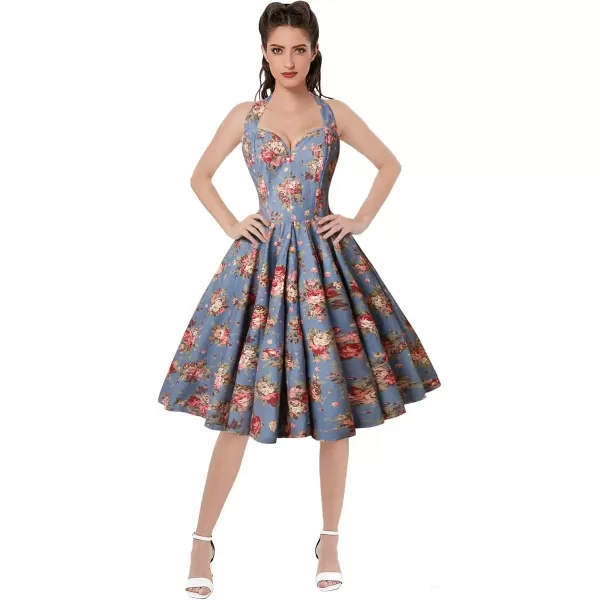 imageCharmian Womens 1950s Vintage Retro Sleeveless Swing Floral Halter Corset DressBlue