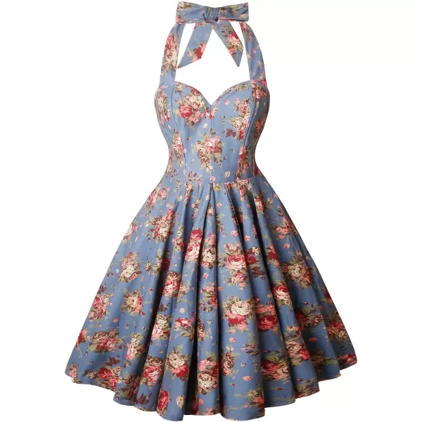 imageCharmian Womens 1950s Vintage Retro Sleeveless Swing Floral Halter Corset DressBlue
