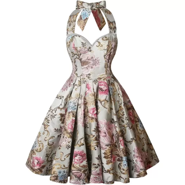 imageCharmian Womens 1950s Vintage Retro Sleeveless Swing Floral Halter Corset DressMulticolored