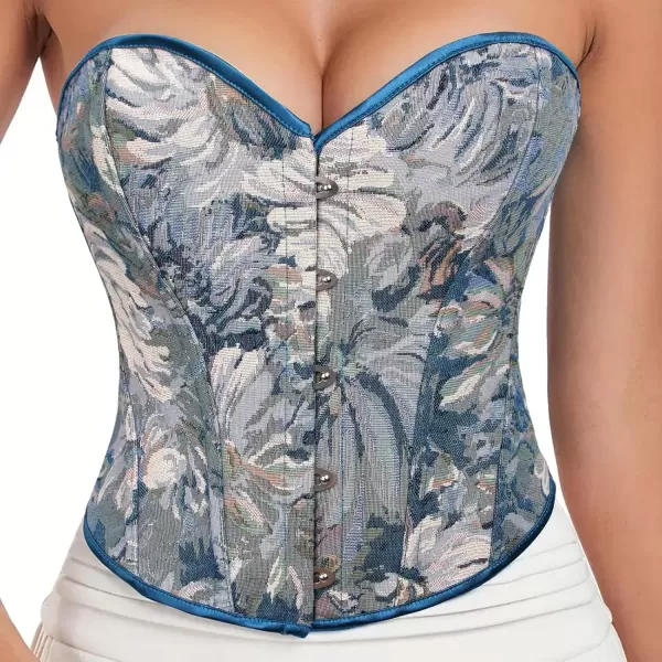 imageCharmian Womens Floral Lace Up Boned Overbust Corset Bustier Bodyshaper TopBlue