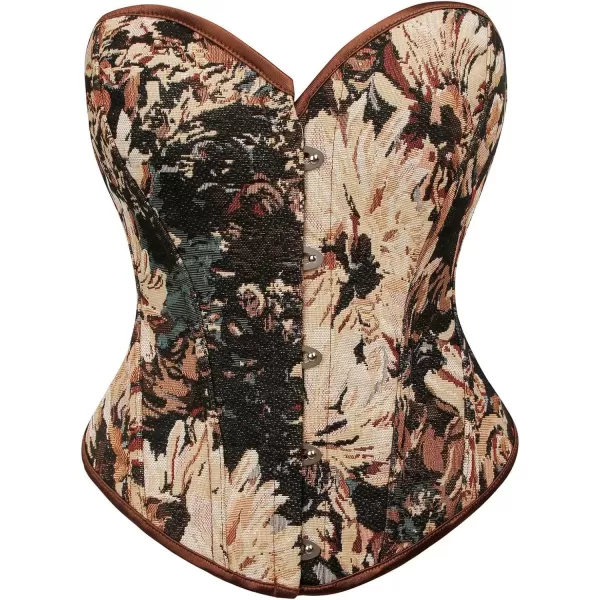 imageCharmian Womens Floral Lace Up Boned Overbust Corset Bustier Bodyshaper TopBrown