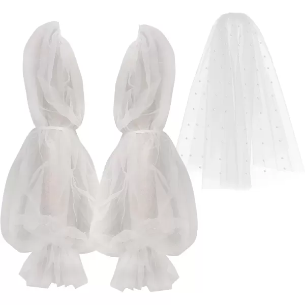 imageCharmian Womens Pearl Beaded Bridal Chapel Veil with Fingerless Sheer GlovesWhite