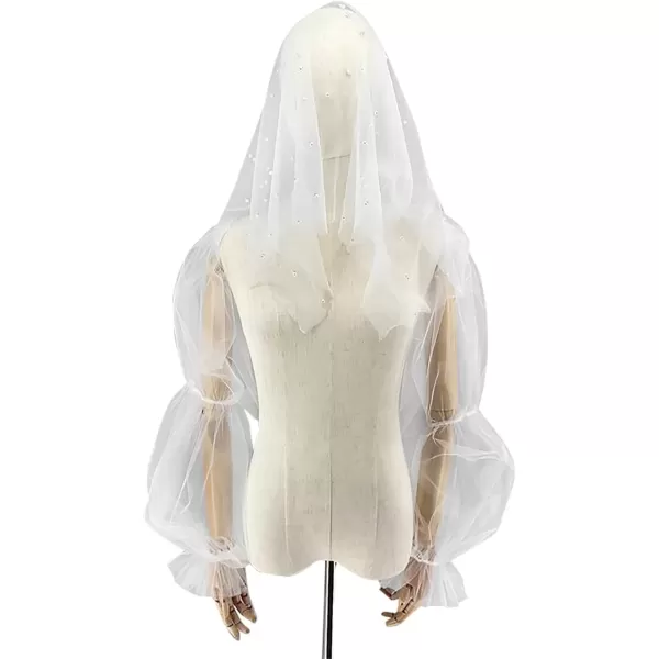 imageCharmian Womens Pearl Beaded Bridal Chapel Veil with Fingerless Sheer GlovesWhite