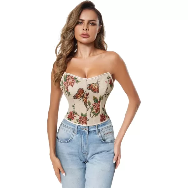 imageCharmian Womens Renaissance Retro Floral Strapless Bustier Corset Crop TopBeige