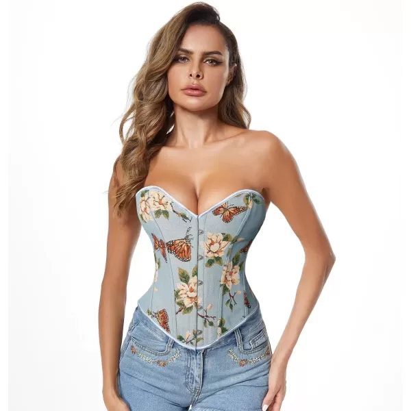 imageCharmian Womens Renaissance Vintage Butterfly Floral Print Overbust Corset TopBlue