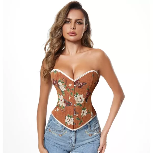 imageCharmian Womens Renaissance Vintage Butterfly Floral Print Overbust Corset TopBrown