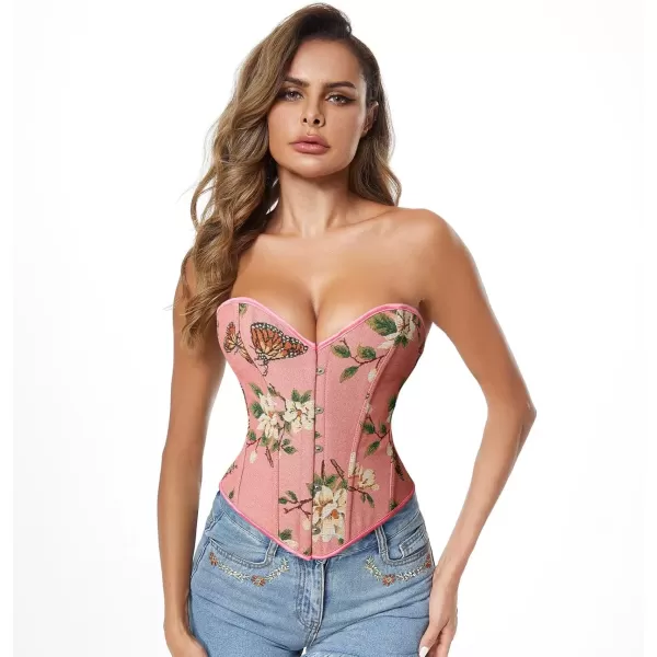 imageCharmian Womens Renaissance Vintage Butterfly Floral Print Overbust Corset TopPink