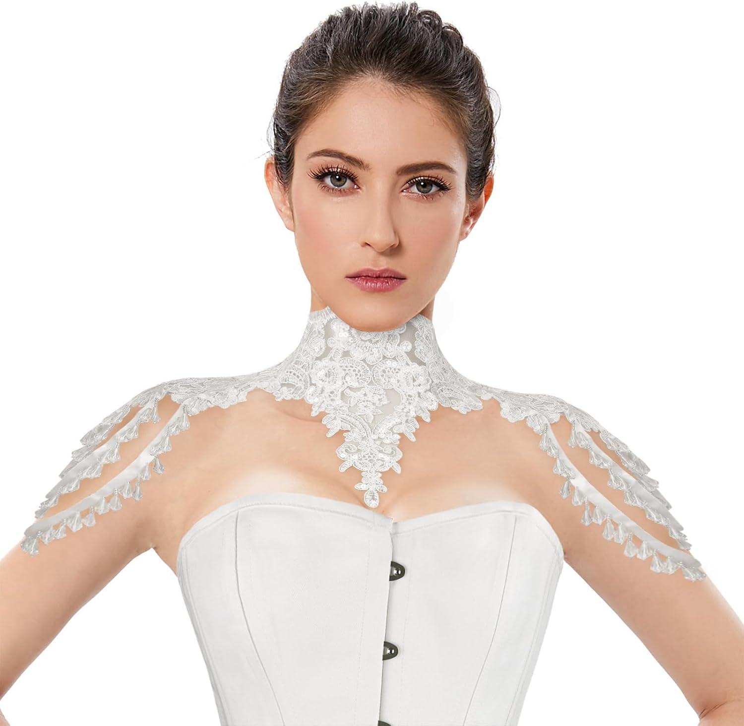 imageCharmian Womens Steampunk Victorian Chain Shoulder Wrap Cape Collar ChokerWhite