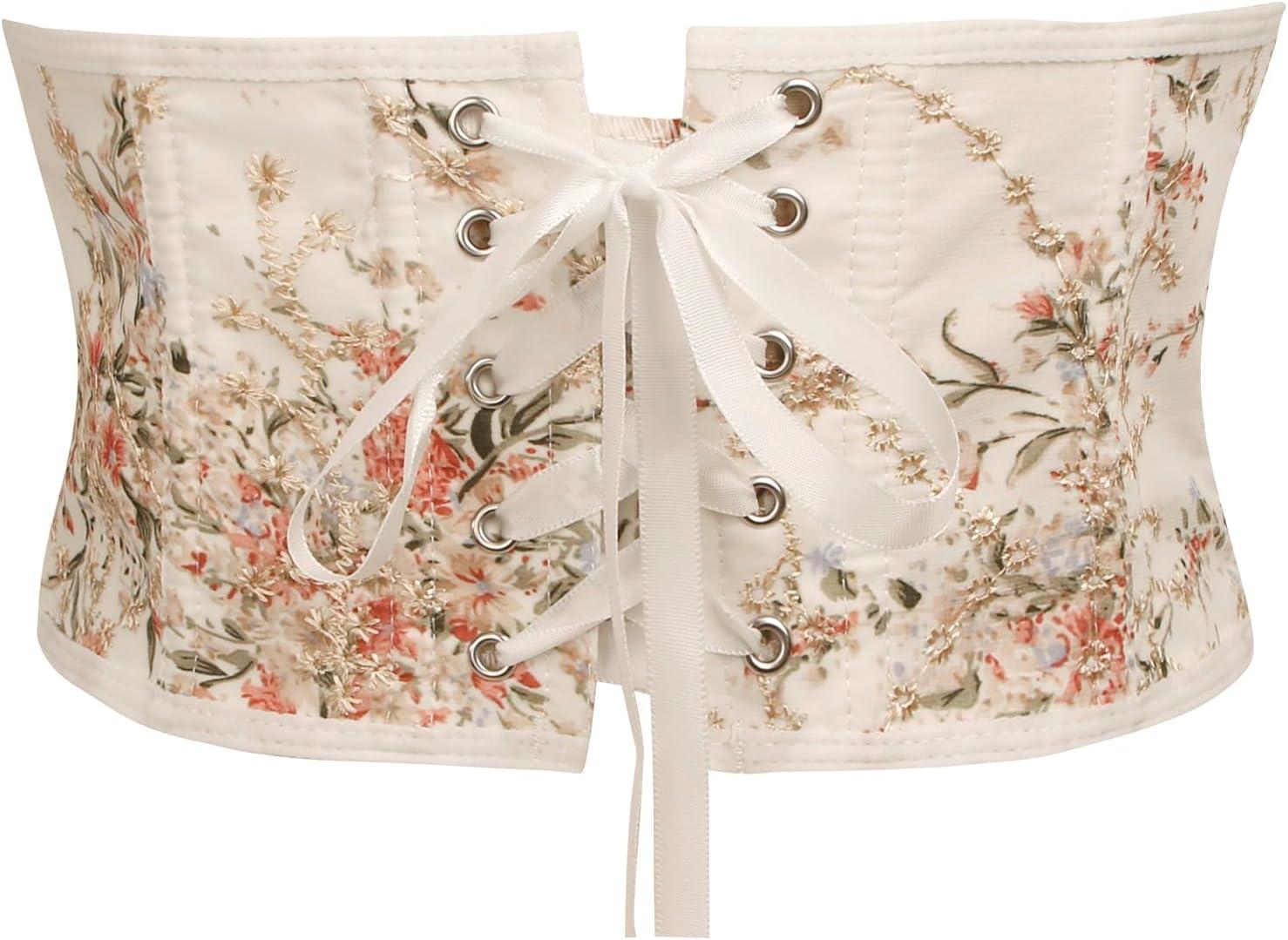 imageCharmian Womens Vintage Lace Up Floral Embroidered Corset Belt Waist CincherBeige