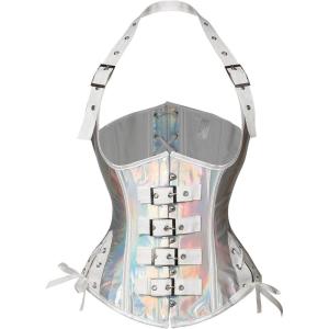 imageCharmian Womens Retro Gothic Halter Faux Leather Underbust Corset with BucklesSilver