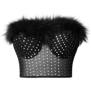 imageCharmian Womens Strapless Feather Sequin Mesh Bustier Crop Top Push Up Tube TopBlack
