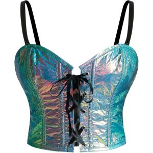 imageCharmian Womens Y2K Shiny Faux Cowhide Iridescent Rave Bustier Corset Crop TopMulticolored