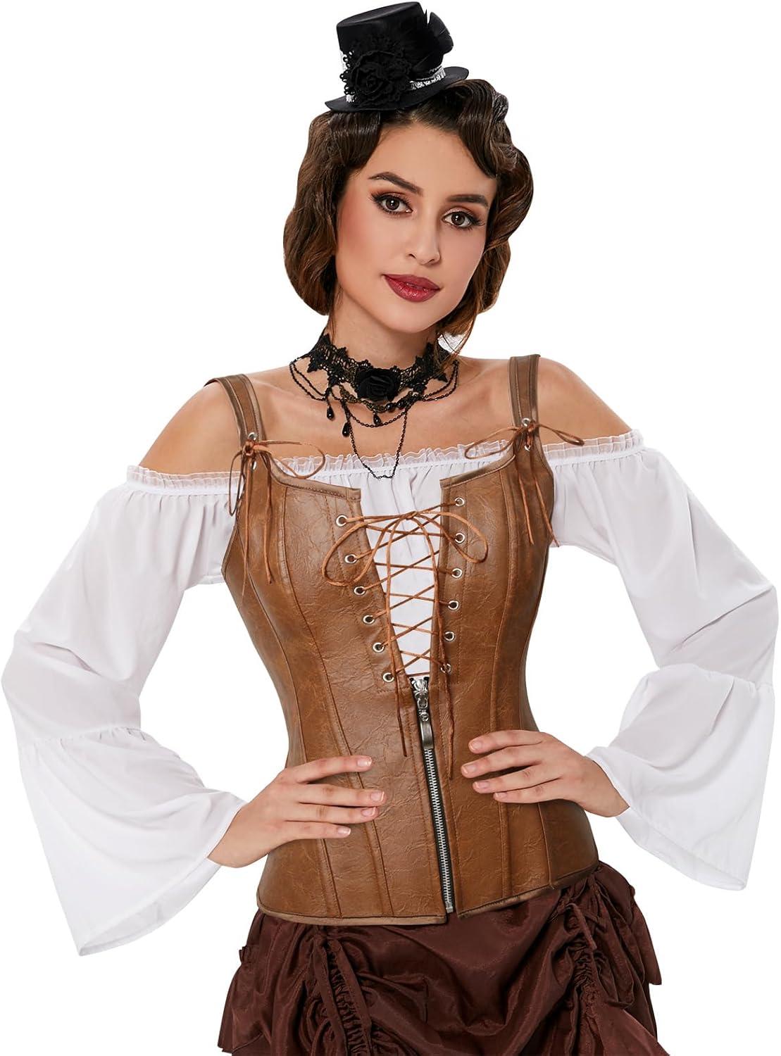 imageCharmian Womens Renaissance Lace Up Vintage Boned Bustier Corset with GartersCaramel Brown